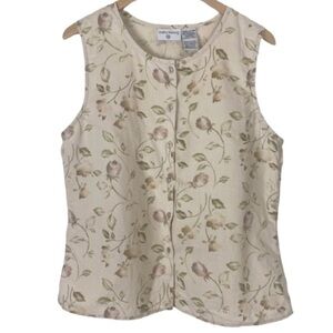 VTG Ramie Cotton Sleeveless Vine Print Button Up Top Large Kathy Ireland 90’s